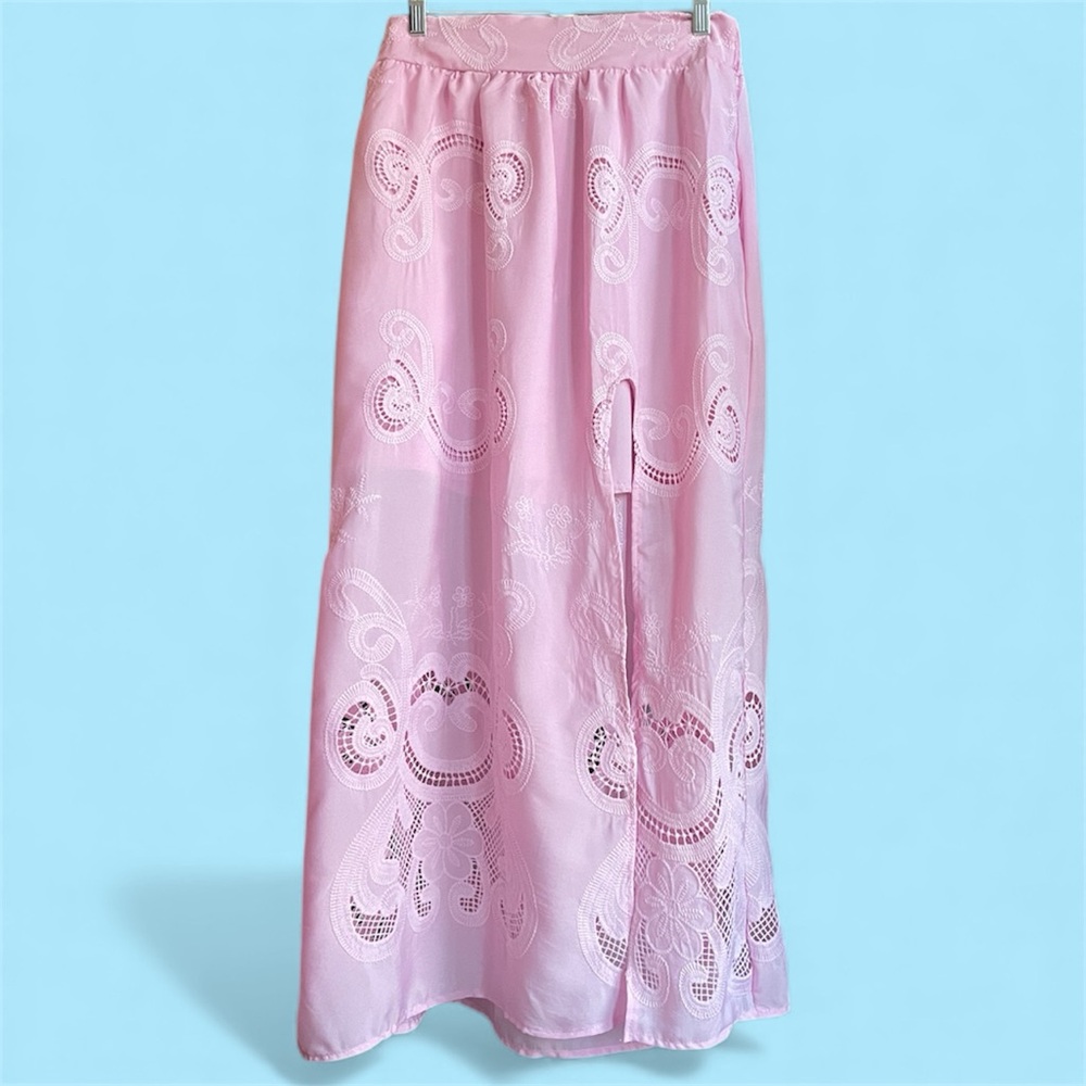 Hollow Lace A-Line Maxi Skirt Pink | Size L